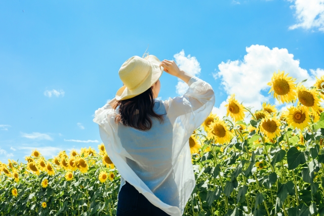 夏 希望 女性 空を見上げる ひまわり